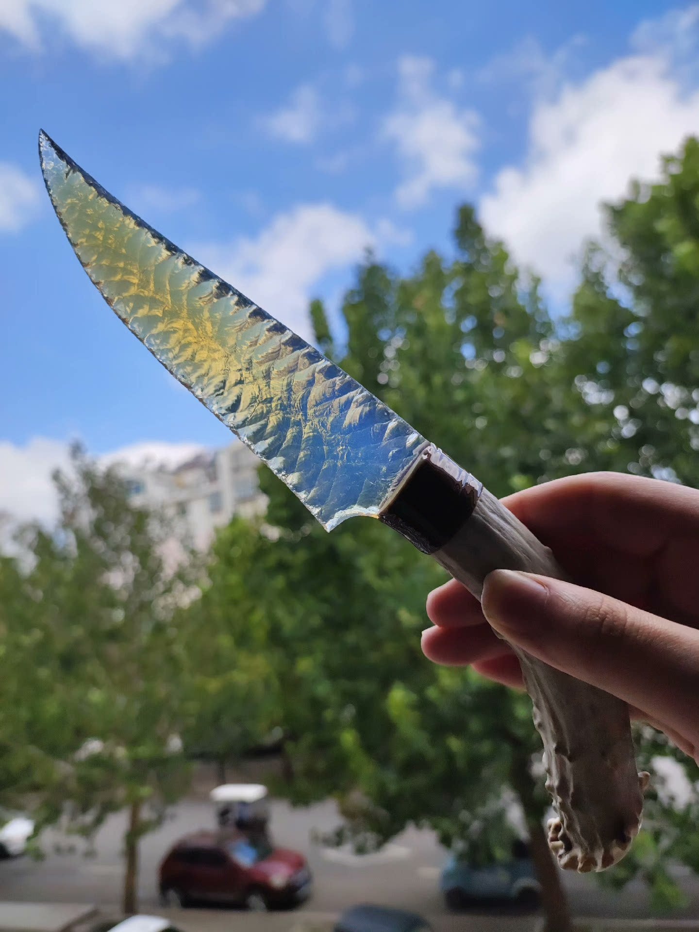 Wakȟáŋ's Weave Premium Stone Knife | Opal + White-tailed Deer Antler Handle | Master-Grade Pressure-Flaked Craftsmanship | Double-Sided Diagonal Web Pattern