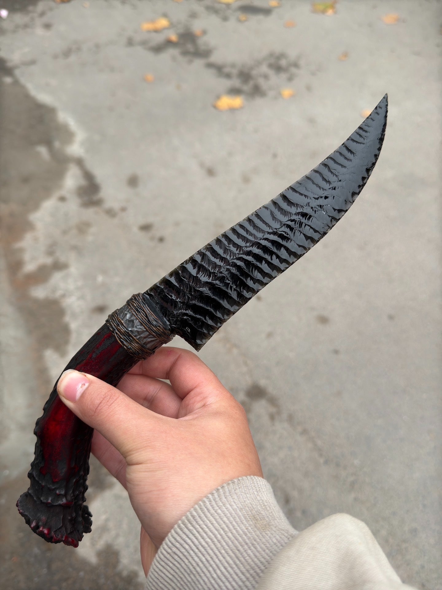 Obsidian Stone Tool | White-tailed Deer Antler Black-Red Fixed Handle | Texture Unmatched | Total Length ~35cm | Top-grade Pressure-Flaking Patterns | Sold Out | Custom Replicas Available | Contact for Timeline