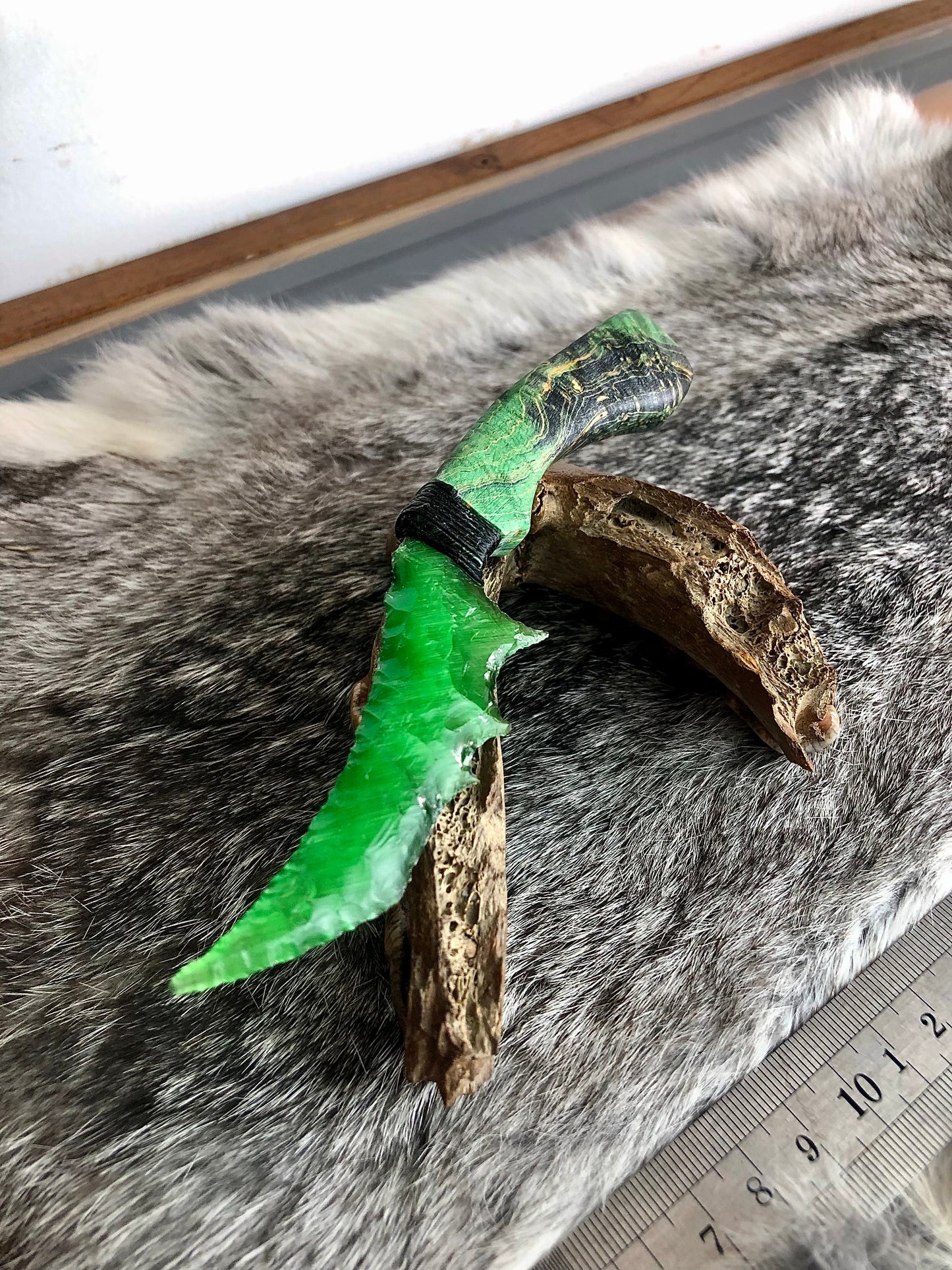 Emerald Eye Artisan Relic | Synthetic Green Cat's Eye Stone | Black-Green Stabilized Wood Craft
