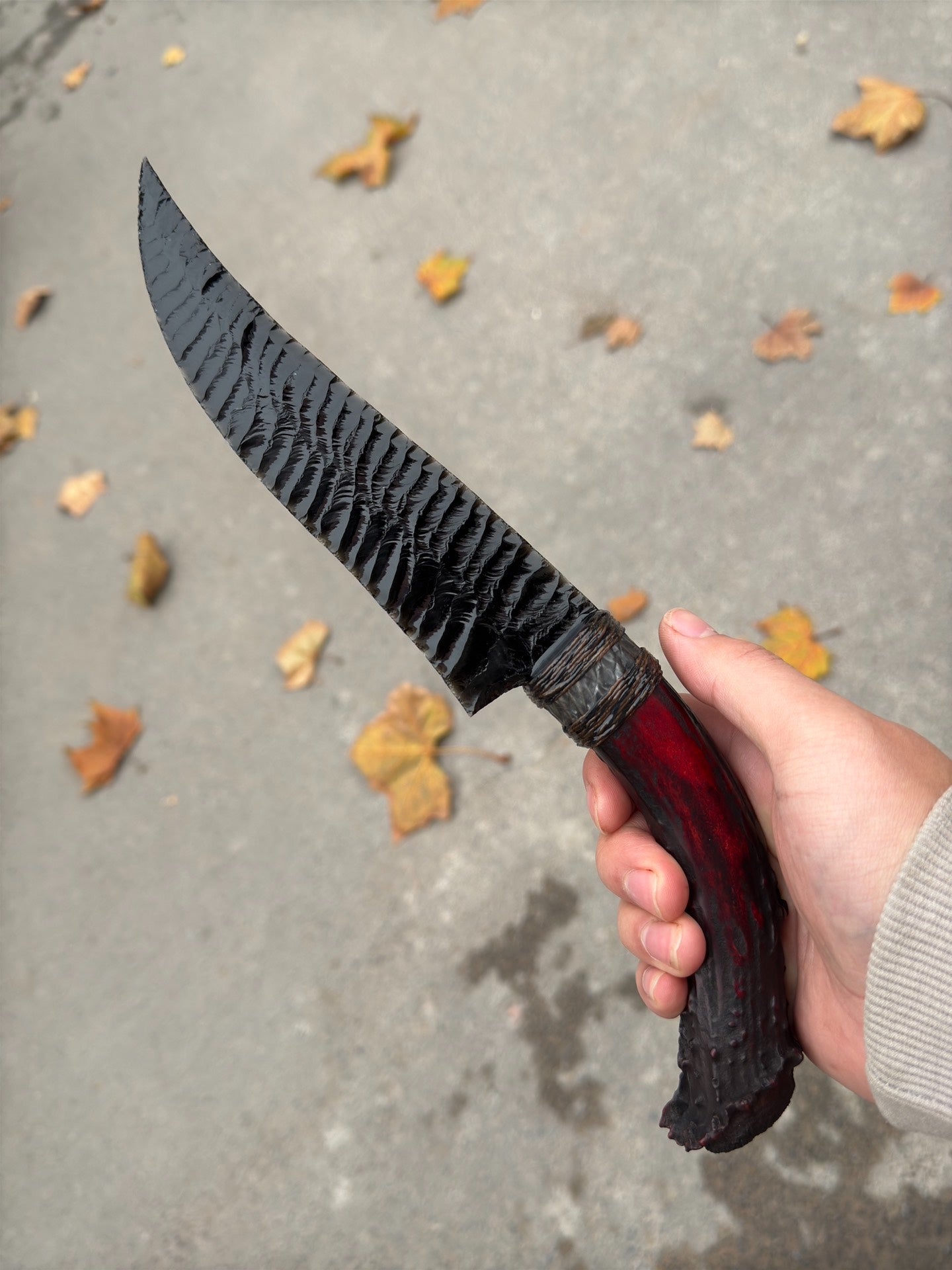 Obsidian Stone Tool | White-tailed Deer Antler Black-Red Fixed Handle | Texture Unmatched | Total Length ~35cm | Top-grade Pressure-Flaking Patterns | Sold Out | Custom Replicas Available | Contact for Timeline