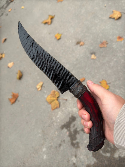 Obsidian Stone Tool | White-tailed Deer Antler Black-Red Fixed Handle | Texture Unmatched | Total Length ~35cm | Top-grade Pressure-Flaking Patterns | Sold Out | Custom Replicas Available | Contact for Timeline