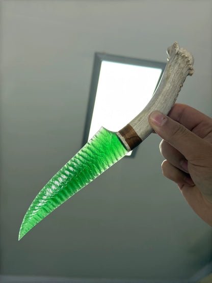 Green Chrysoberyl Cat's Eye Stone Artifact – 26cm w/ White-Tail Deer Antler Handle | Premium Pressure-Flaking Craft