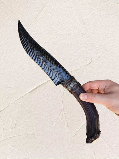 Custom Obsidian Stone Artifact | Colorful Sheen Obsidian | Total Length: 39cm | Edge: 21cm White-Tailed Deer Antler Handle (Black-Red Color-Fixed) | Unsharpened Edge (Safety Focus) DM for Details & Lead Time