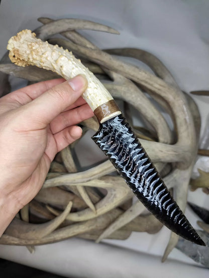 Obsidian Stone Artifact | Premium Pressure-Flaked Texture | Approx. 26cm Total Length White-Tailed Deer Antler Handle | Unsharpened Edge | DM for Lead Time