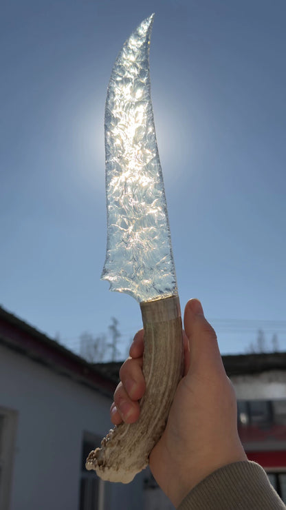 Frostmoon Stag | Handcrafted Blue Opal Stone Artifact with White-Tail Deer Antler Handle – Ultra-Thin Precision Edge