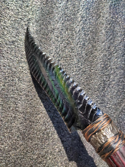 Custom Obsidian Stone Artifact | Colorful Sheen Obsidian | Total Length: 39cm | Edge: 21cm White-Tailed Deer Antler Handle (Black-Red Color-Fixed) | Unsharpened Edge (Safety Focus) DM for Details & Lead Time